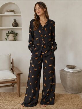 Two Piece Leopard Wide Leg Matching Lounge Set Black Large
